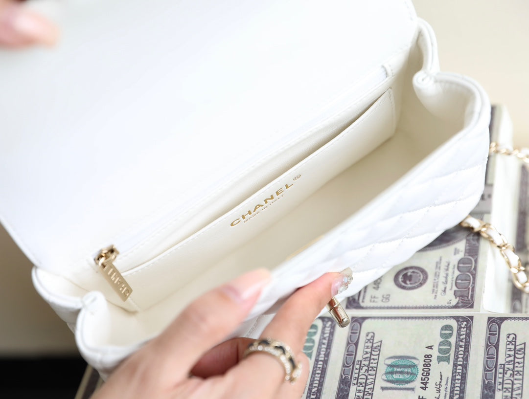 Chanel Mini Rectangle Flap Bag Top Handle 20cm White Lambskin Silver Hardware