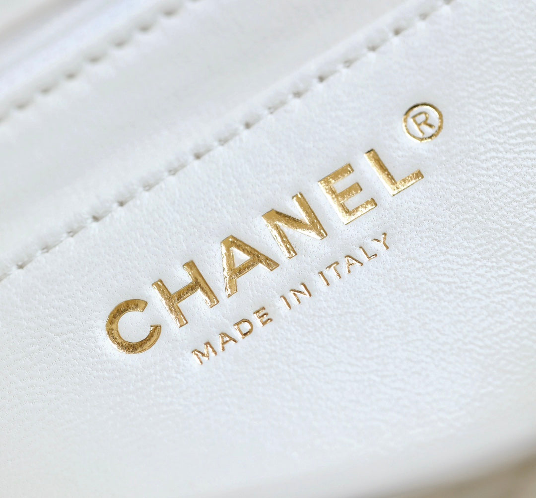 Chanel Mini Rectangle Flap Bag Top Handle 20cm White Lambskin Silver Hardware