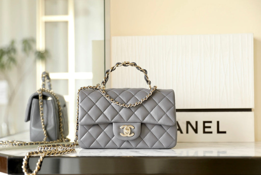 Chanel Mini Rectangle Flap Bag Top Handle 20cm Grey Lambskin Silver Hardware