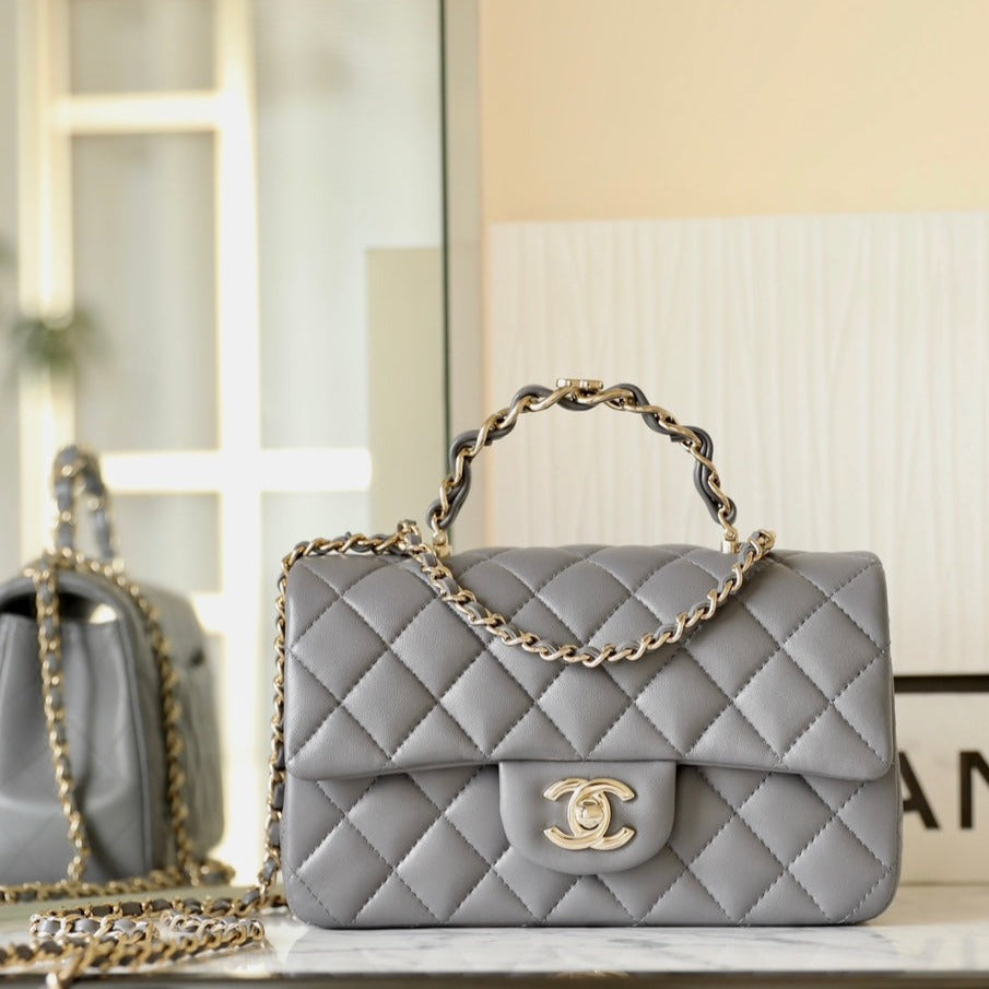 Chanel Mini Rectangle Flap Bag Top Handle 20cm Grey Lambskin Silver Hardware