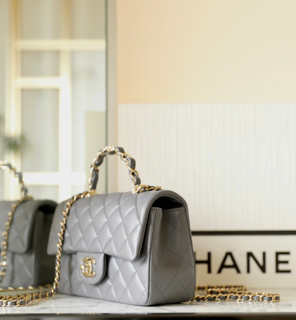 Chanel Mini Rectangle Flap Bag Top Handle 20cm Grey Lambskin Silver Hardware