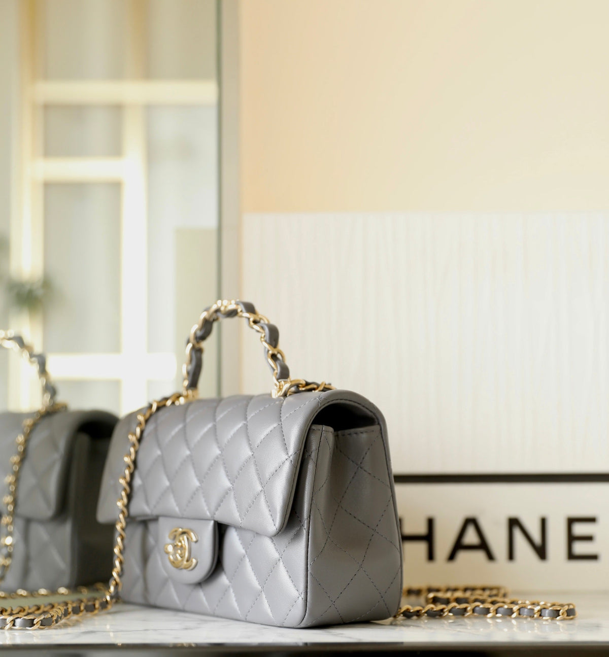 Chanel Mini Rectangle Flap Bag Top Handle 20cm Grey Lambskin Silver Hardware