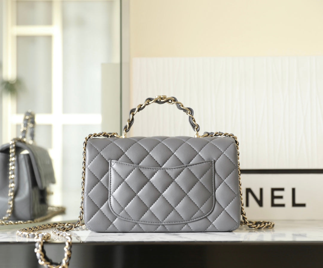 Chanel Mini Rectangle Flap Bag Top Handle 20cm Grey Lambskin Silver Hardware