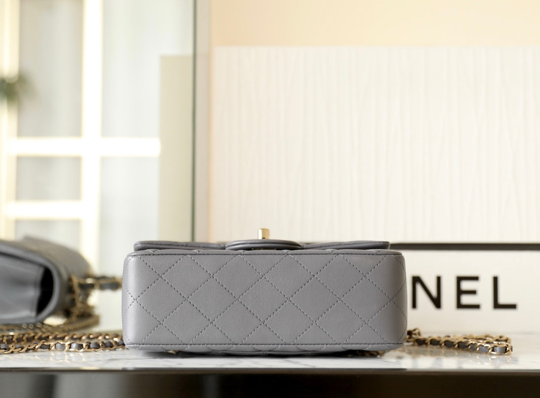 Chanel Mini Rectangle Flap Bag Top Handle 20cm Grey Lambskin Silver Hardware