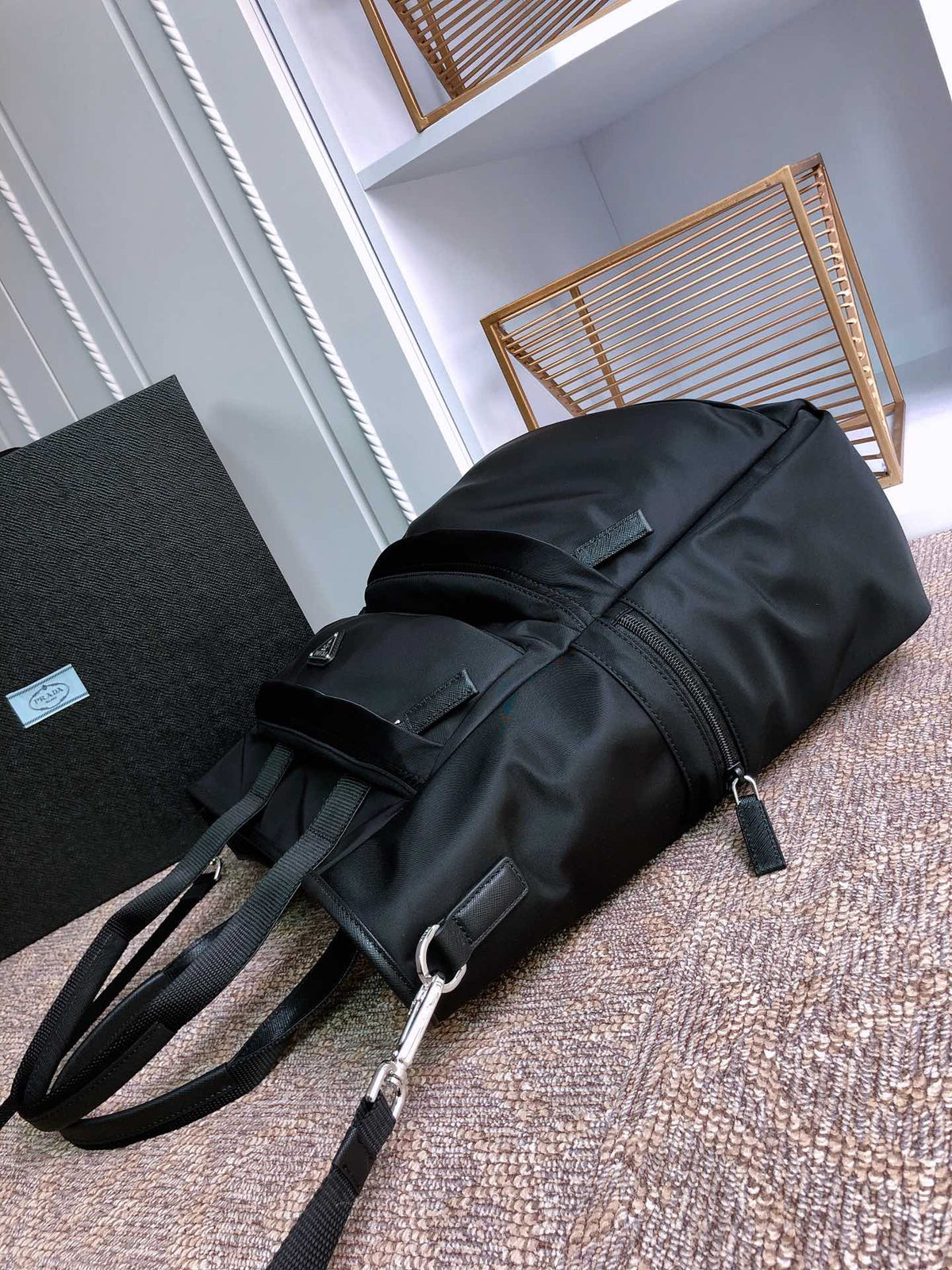 Prada Tote Bag 38 in Black Re-Nylon and Saffiano Leather Trim