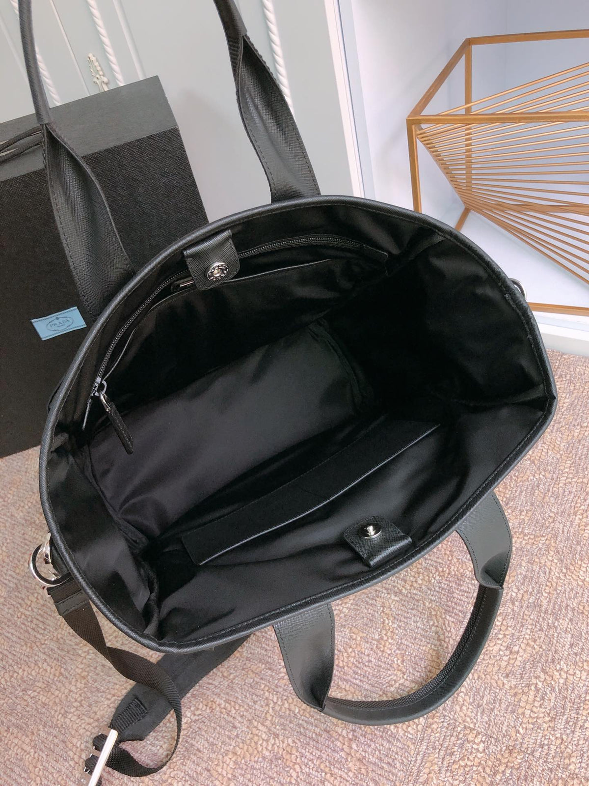 Prada Tote Bag 38 in Black Re-Nylon and Saffiano Leather Trim