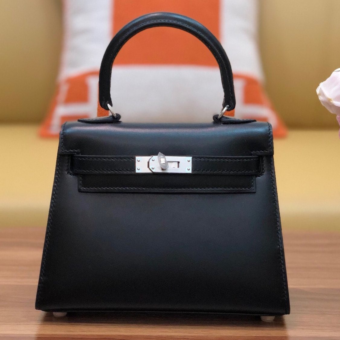 Hermes Kelly Mini 20 Bag in Black Smooth Calfskin with Silver Hardware