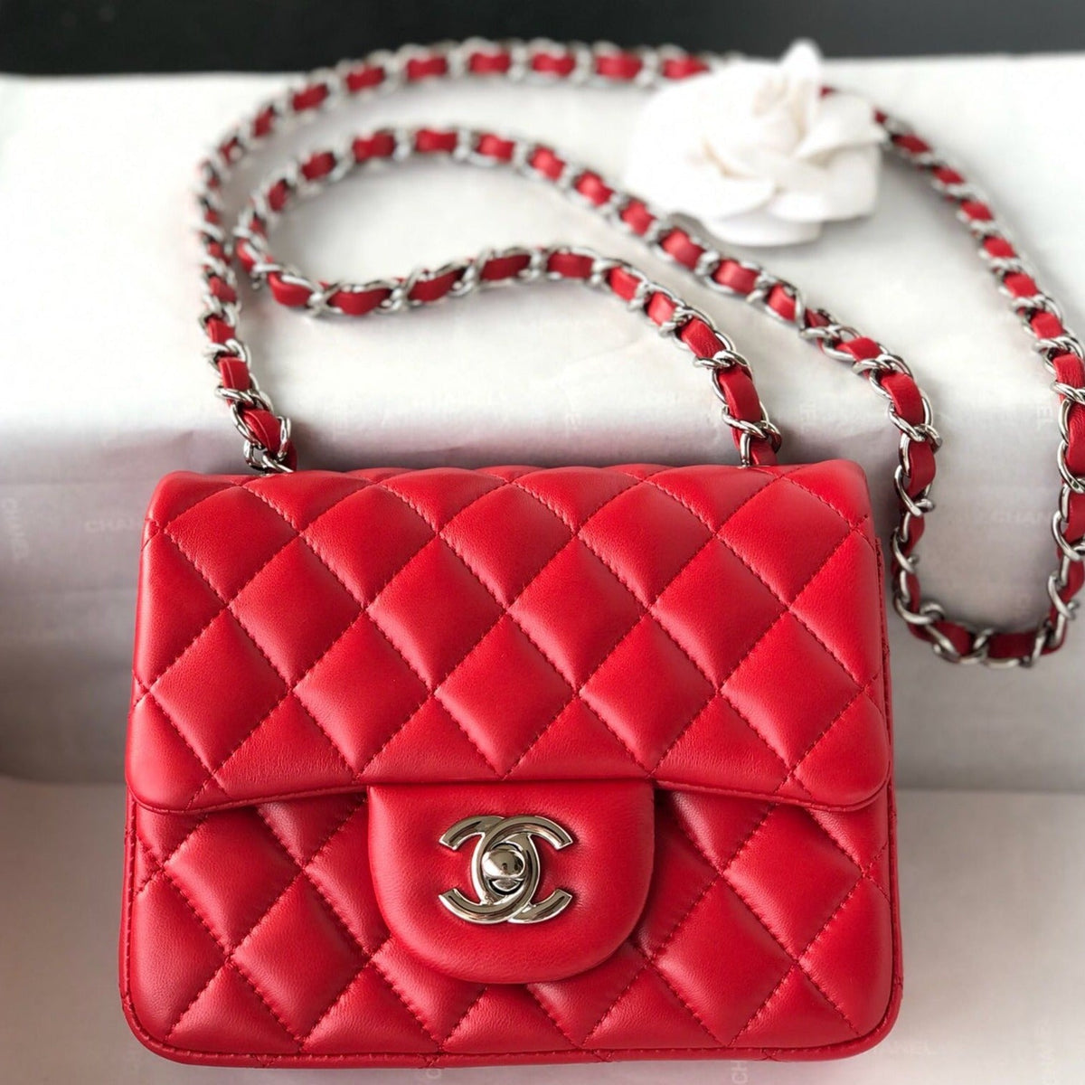 Chanel Mini Square Flap Bag 17cm Red Lambskin Silver Hardware