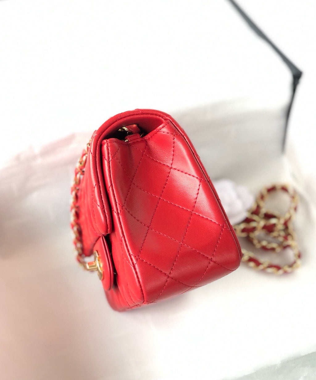 Chanel Mini Square Flap Bag 17cm Red Lambskin Gold Hardware
