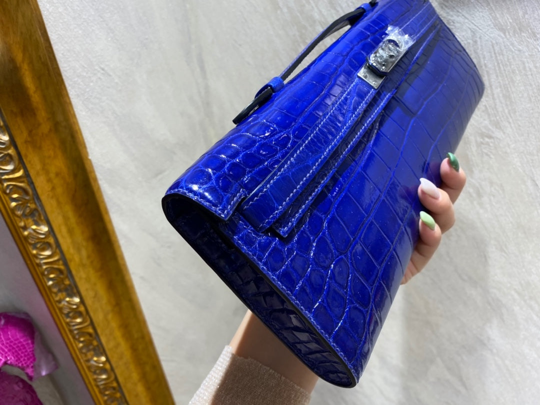 Hermes Kelly Cut 31 in Admiral Blue Shinny Alligator Leather with Silver Hardware Bag