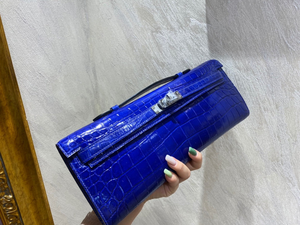 Hermes Kelly Cut 31 in Admiral Blue Shinny Alligator Leather with Silver Hardware Bag