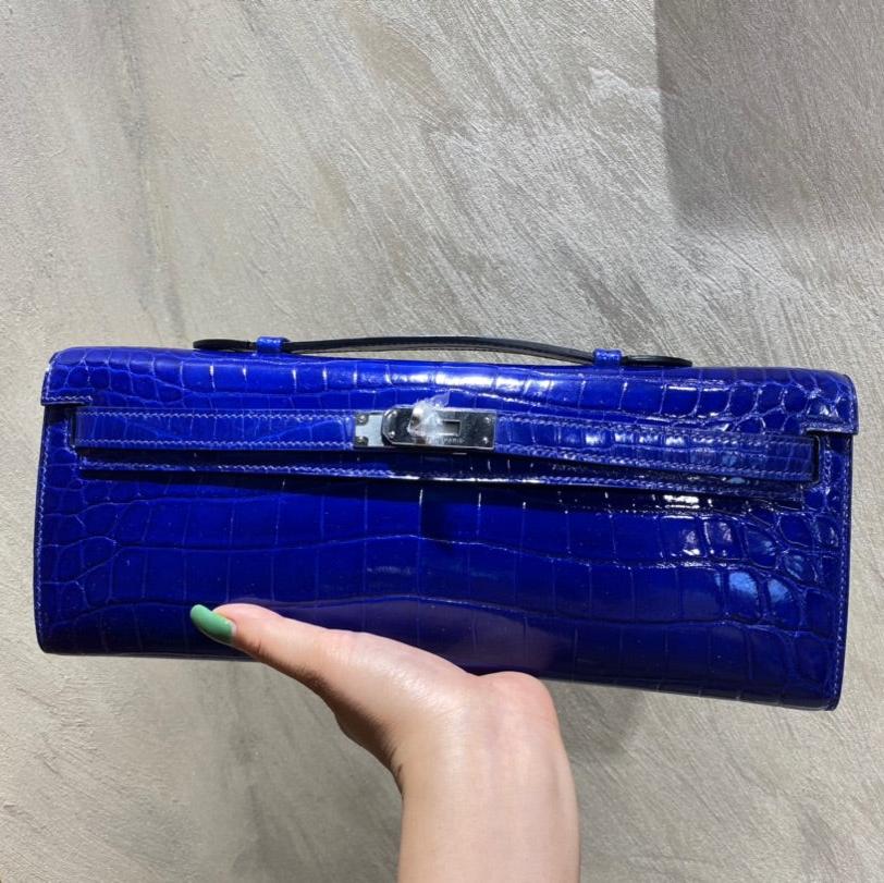 Hermes Kelly Cut 31 in Admiral Blue Shinny Alligator Leather with Silver Hardware Bag