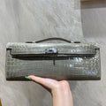 Hermes Kelly Cut 31 in Ash Gray Shinny Alligator Leather with Silver Hardware Bag