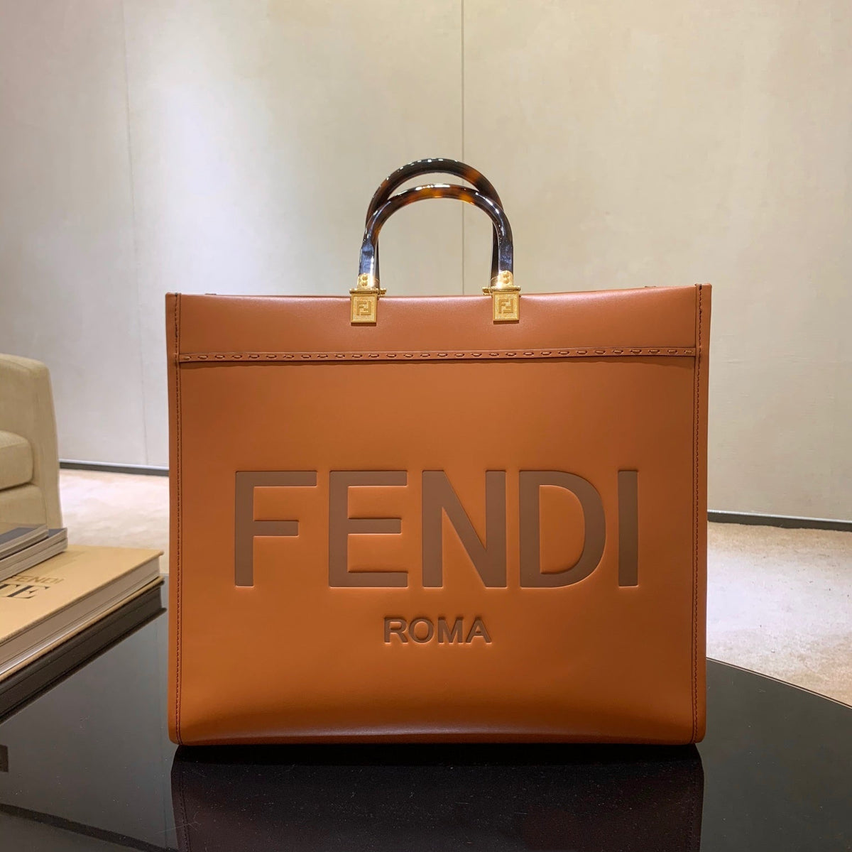 Fendi Shine 40 Tote Bag in Carrot Orange Embossed Calfskin