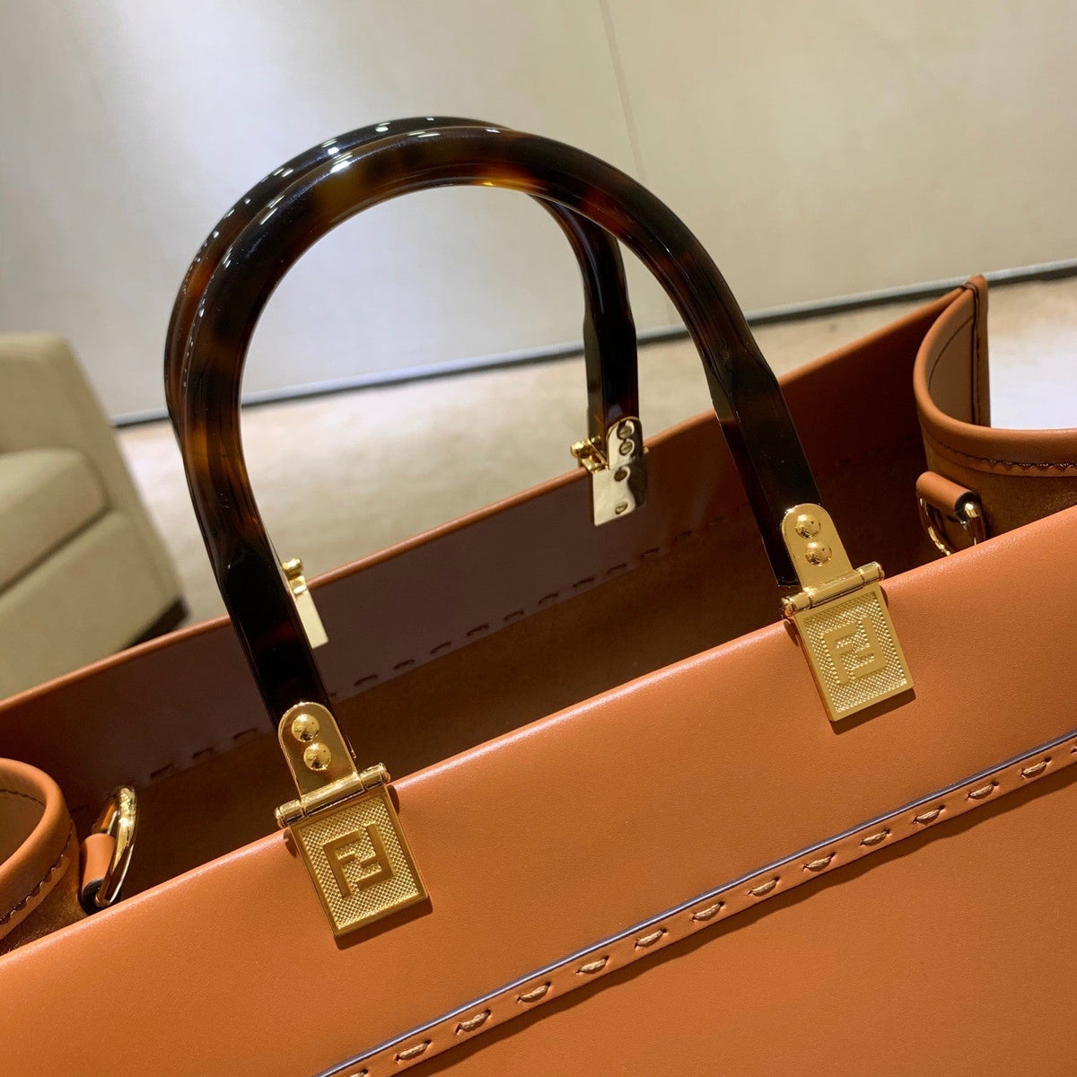 Fendi Shine 40 Tote Bag in Carrot Orange Embossed Calfskin