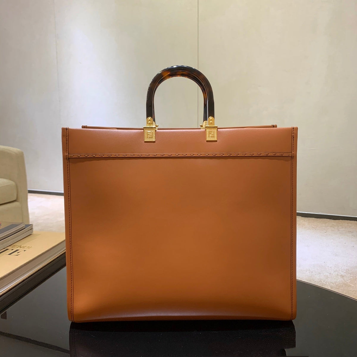 Fendi Shine 40 Tote Bag in Carrot Orange Embossed Calfskin