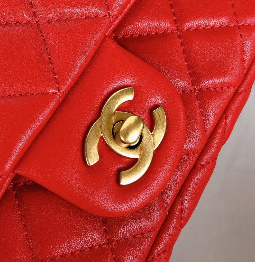 Chanel Mini Rectangle Classic Flap Bag 20cm Red Lambskin Gold Hardware