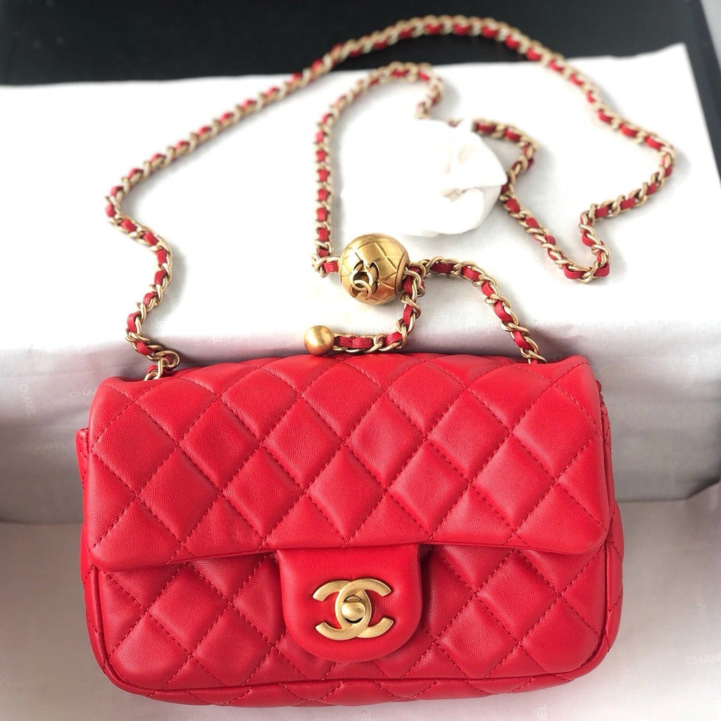 Chanel Mini Rectangle Classic Flap Bag 20cm Red Lambskin Gold Hardware
