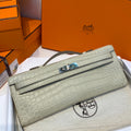 Hermes Kelly Cut 31 in Pearl Gray Alligator Leather with Silver Hardware Bag
