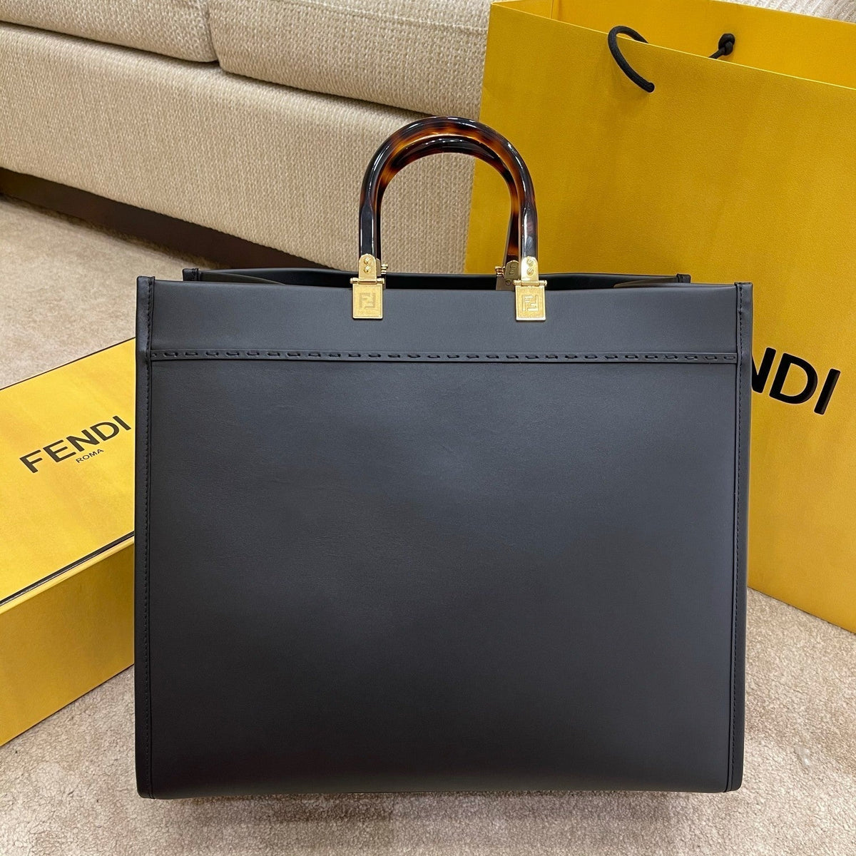 Fendi Shine 40 Tote Bag in Black Embossed Calfskin