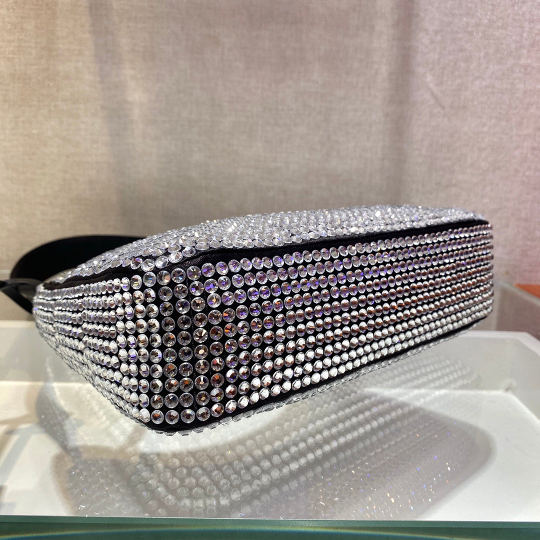 Prada Sparkling Hobo Bag 23 in Black Nylon Attached Fully Crystals