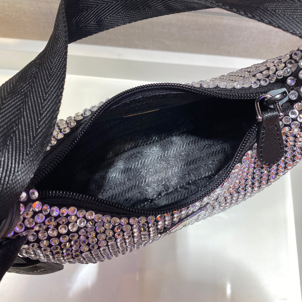 Prada Sparkling Hobo Bag 23 in Black Nylon Attached Fully Crystals