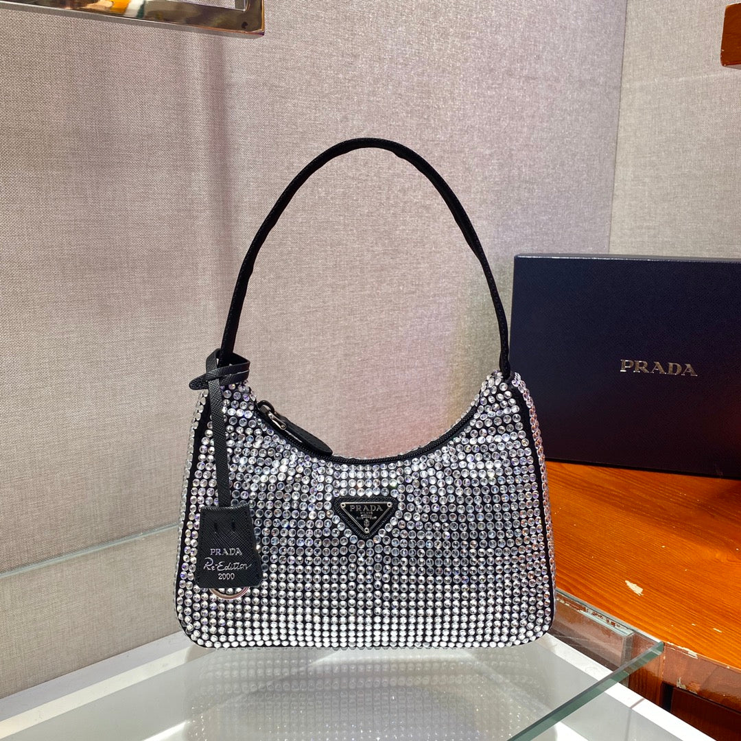 Prada Sparkling Hobo Bag 23 in Black Nylon Attached Fully Crystals