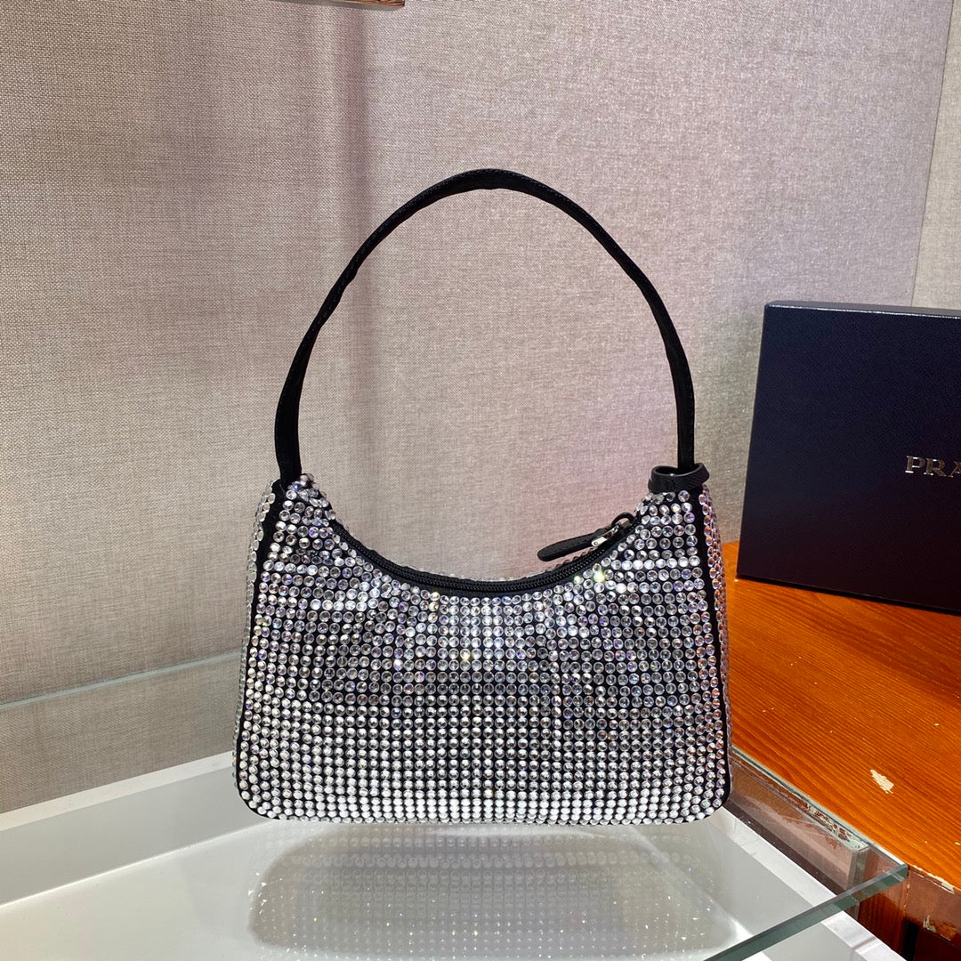 Prada Sparkling Hobo Bag 23 in Black Nylon Attached Fully Crystals