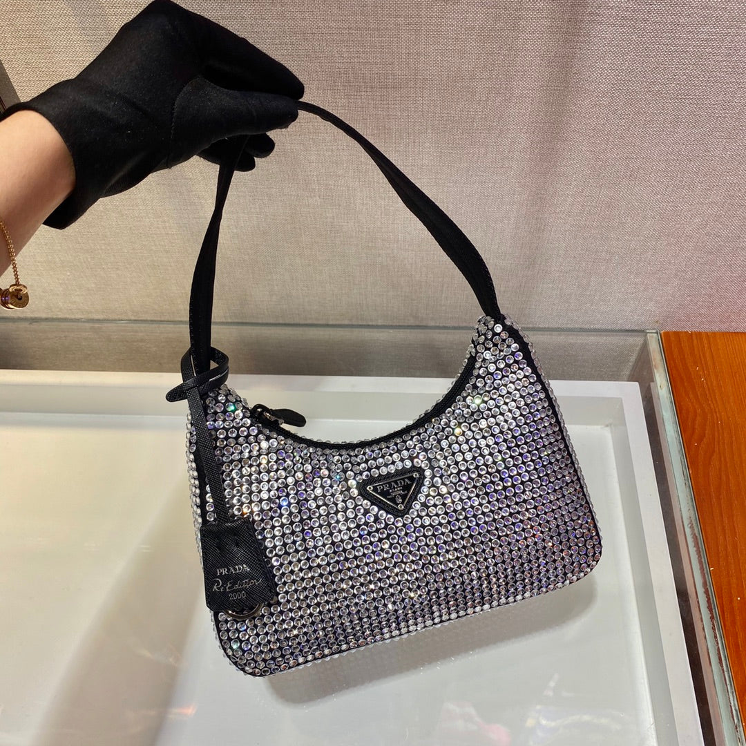 Prada Sparkling Hobo Bag 23 in Black Nylon Attached Fully Crystals
