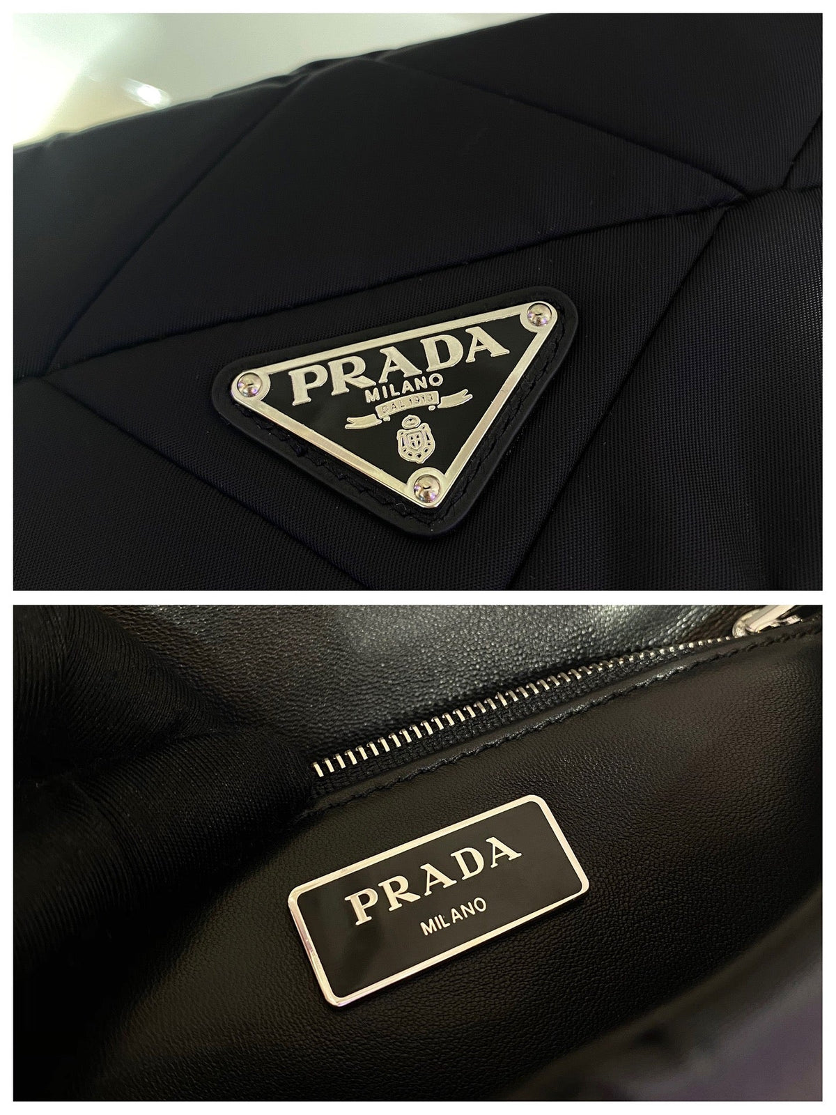 Prada Small Flap Bag 21 in Black Triangular Quilted Pattern Re-Nylon