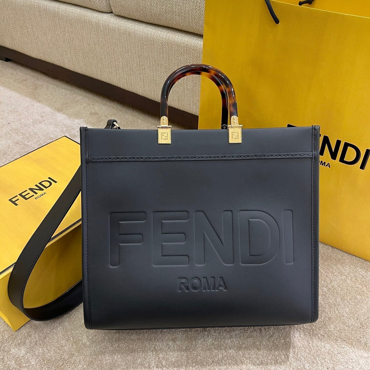 Fendi Shine Large 35 Tote in Black Calfskin