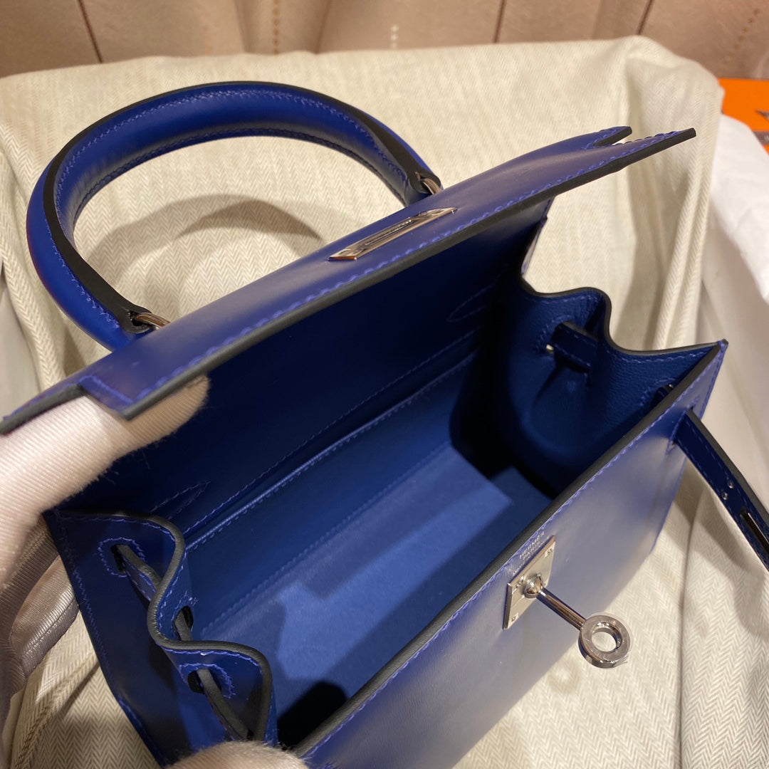 Hermes Kelly Mini 20 Bag in Navy Blue Smooth Calfskin with Silver Hardware