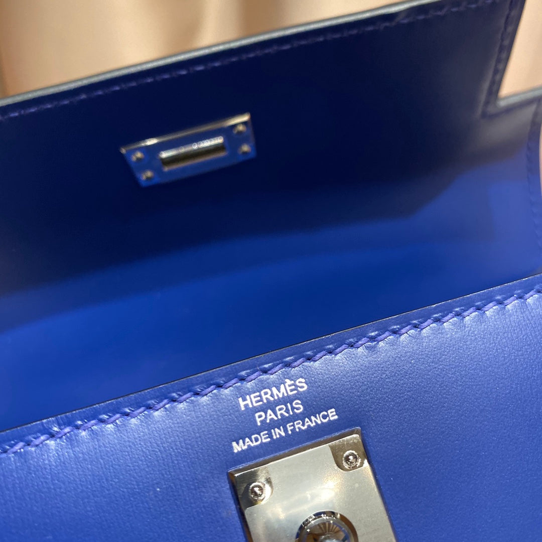 Hermes Kelly Mini 20 Bag in Navy Blue Smooth Calfskin with Silver Hardware