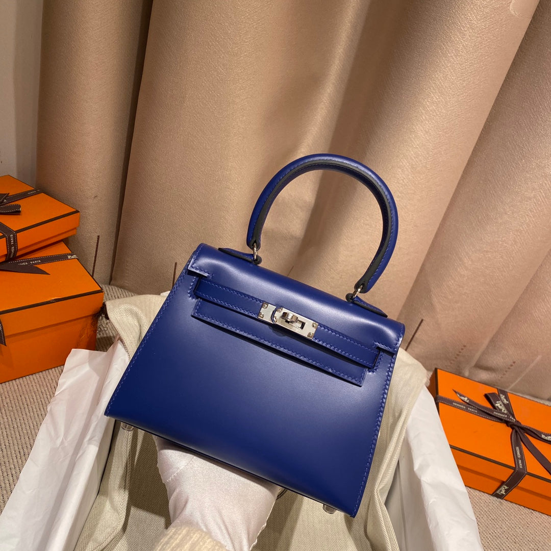 Hermes Kelly Mini 20 Bag in Navy Blue Smooth Calfskin with Silver Hardware