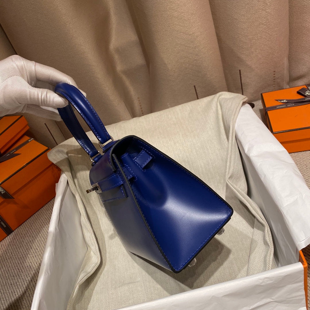 Hermes Kelly Mini 20 Bag in Navy Blue Smooth Calfskin with Silver Hardware