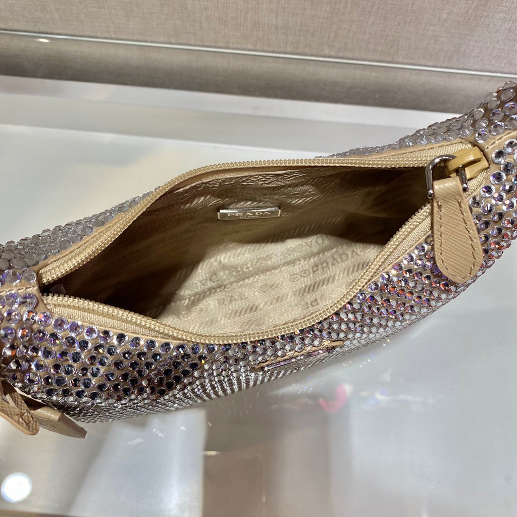 Prada Sparkling Hobo Bag 23 in Beige Nylon Attached Fully Crystals