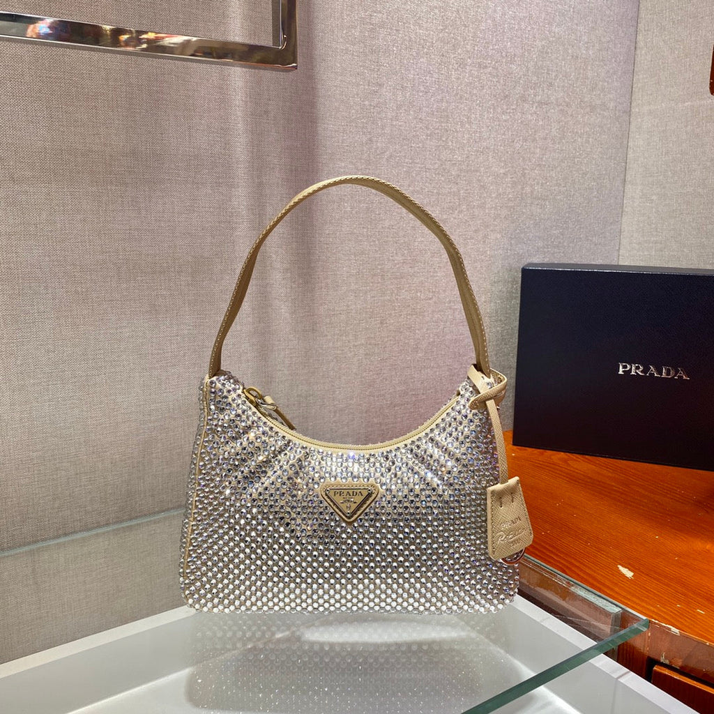 Prada Sparkling Hobo Bag 23 in Beige Nylon Attached Fully Crystals