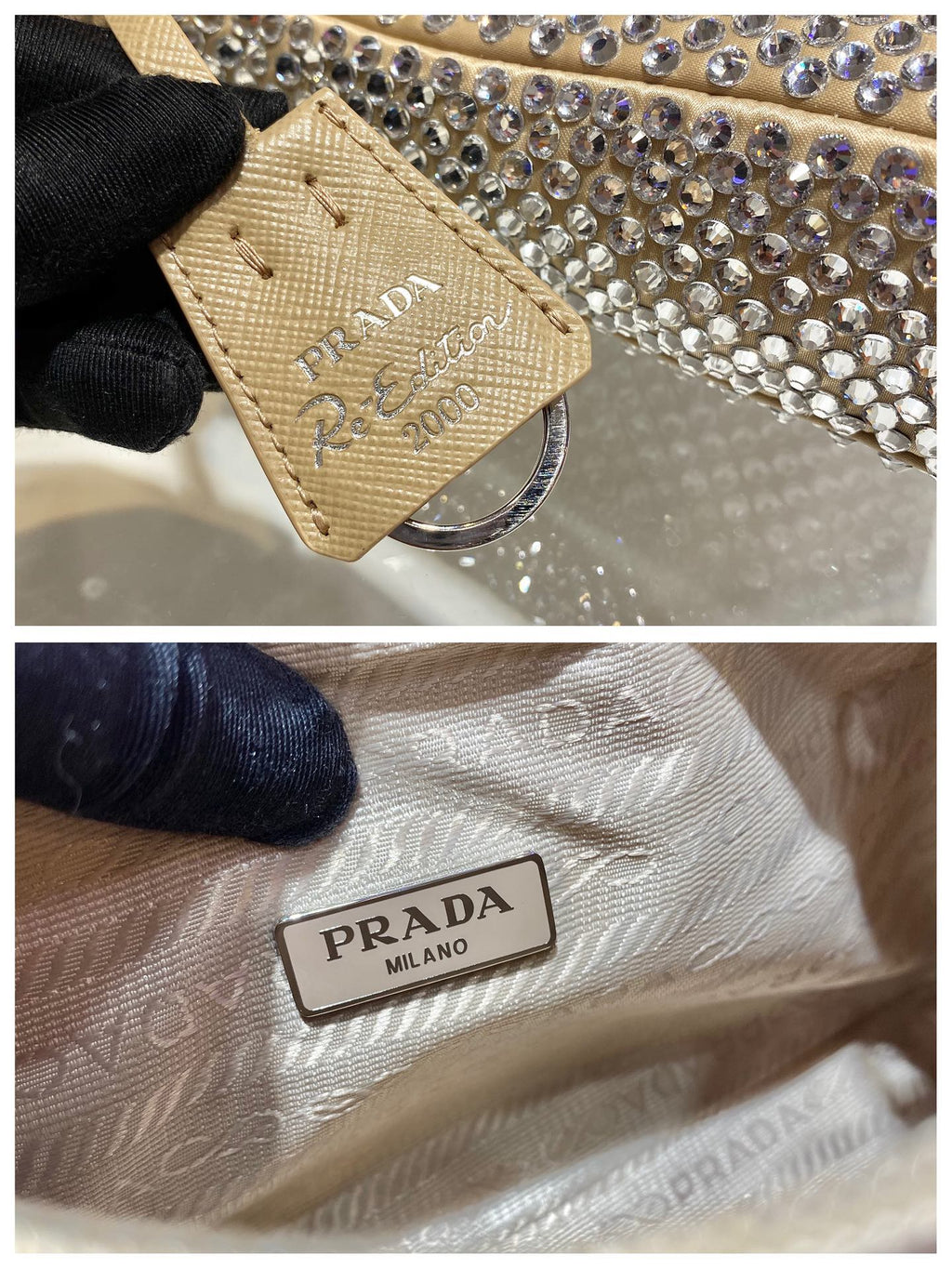 Prada Sparkling Hobo Bag 23 in Beige Nylon Attached Fully Crystals