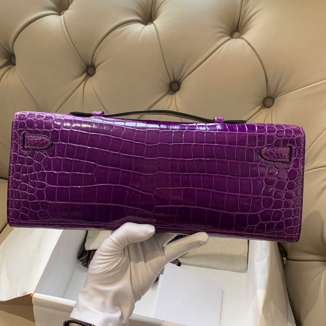 Hermes Kelly Cut 31 in Violet Purple Alligator Leather with Gold Hardware Bag