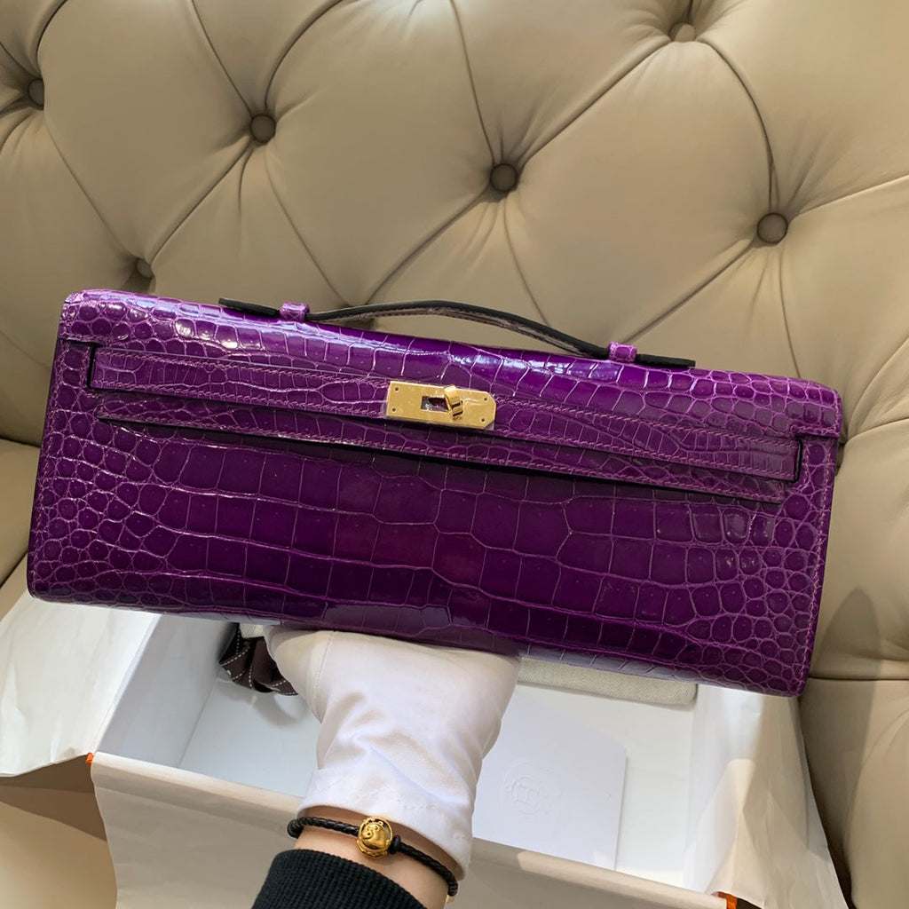 Hermes Kelly Cut 31 in Violet Purple Alligator Leather with Gold Hardware Bag