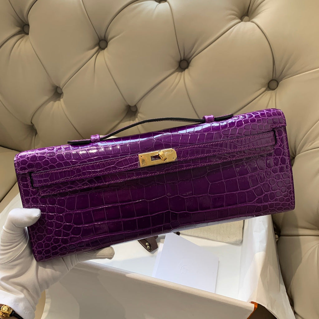 Hermes Kelly Cut 31 in Violet Purple Alligator Leather with Gold Hardware Bag