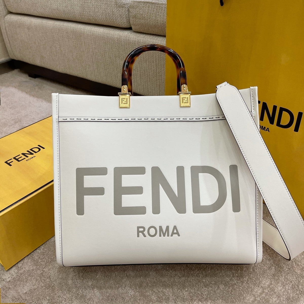 Fendi Shine Large 35 Tote in White Calfskin