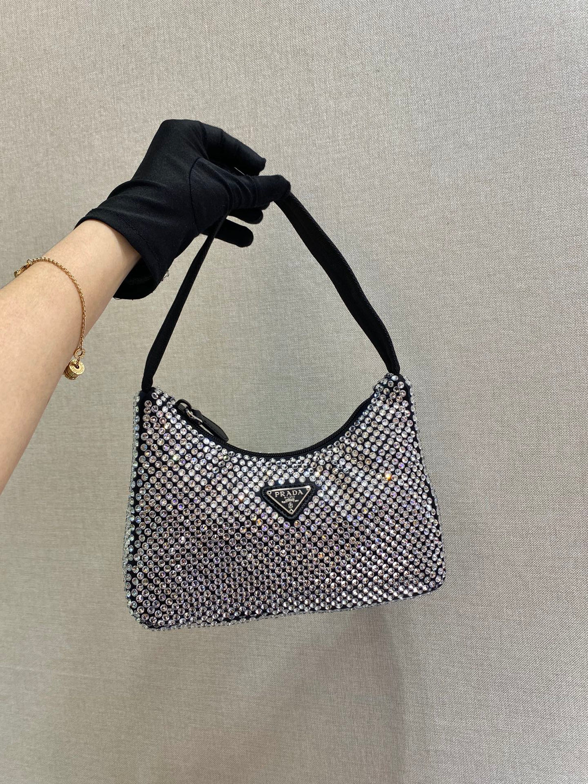Prada Sparkling Hobo Bag 23 in Black Nylon Attached Fully Crystals