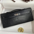 Hermes Kelly Cut 31 in Black Alligator Leather with Silver Hardware Bag