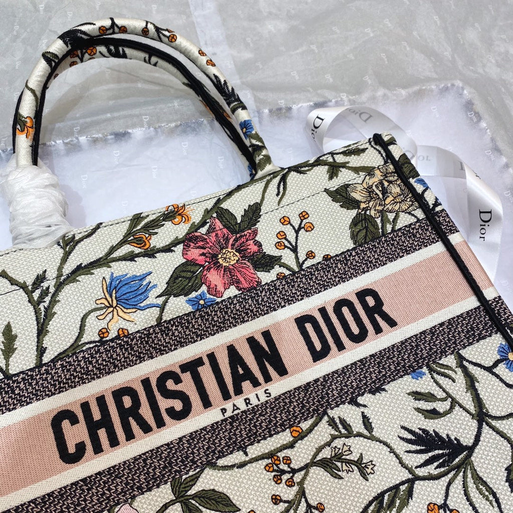 Dior Medium Book Tote Bag 36 in Beige Cotton with Multicolor Embroidery