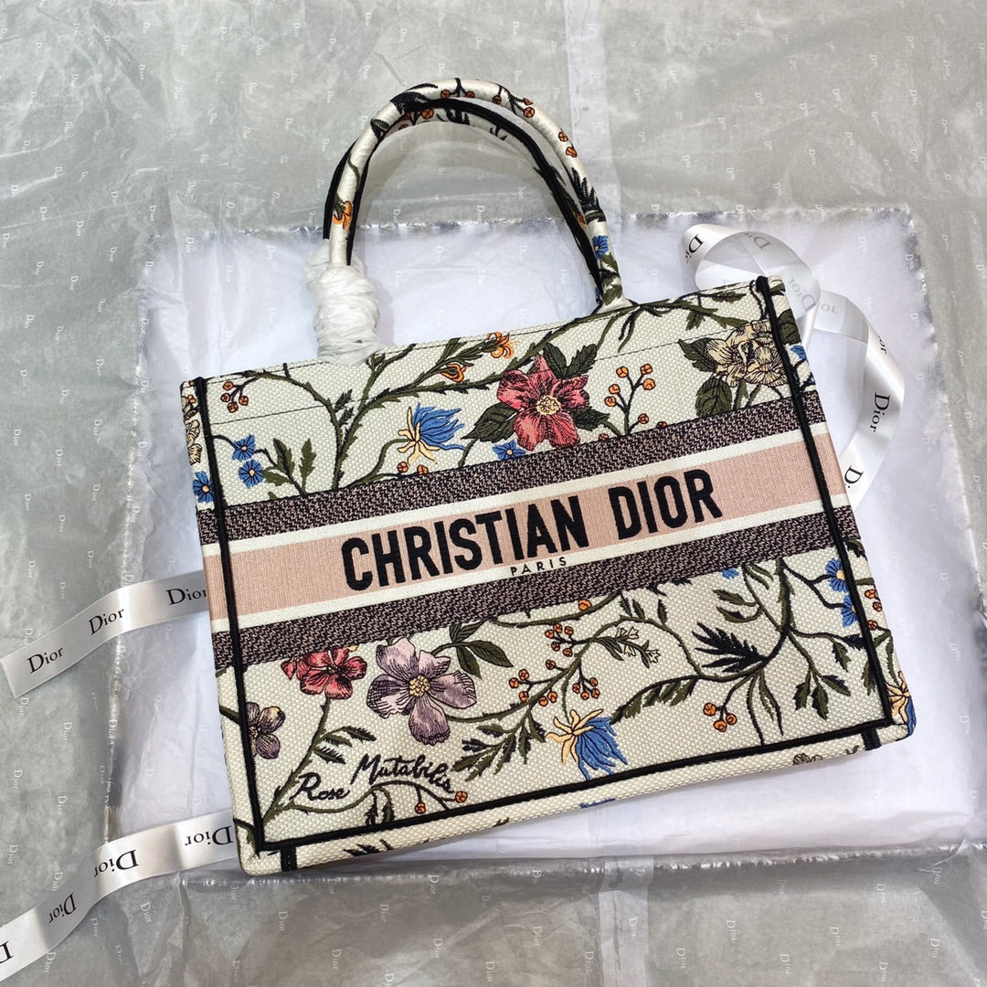 Dior Medium Book Tote Bag 36 in Beige Cotton with Multicolor Embroidery
