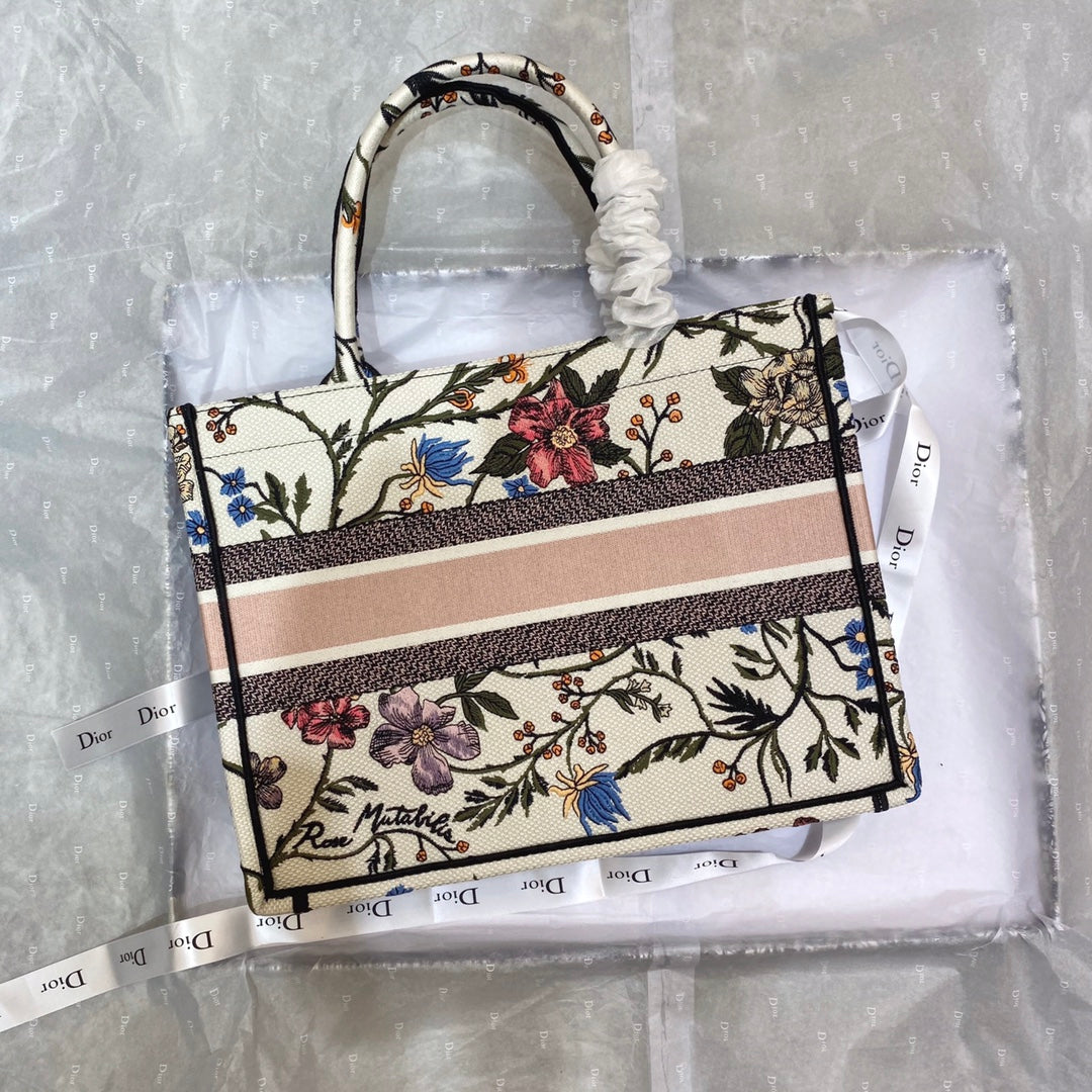 Dior Medium Book Tote Bag 36 in Beige Cotton with Multicolor Embroidery