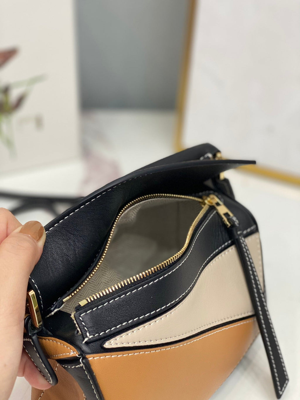 Loewe Mini 18 Puzzle Bag in Brown Mix Beige and Black Calfskin