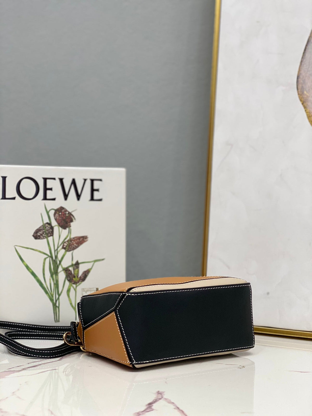 Loewe Mini 18 Puzzle Bag in Brown Mix Beige and Black Calfskin