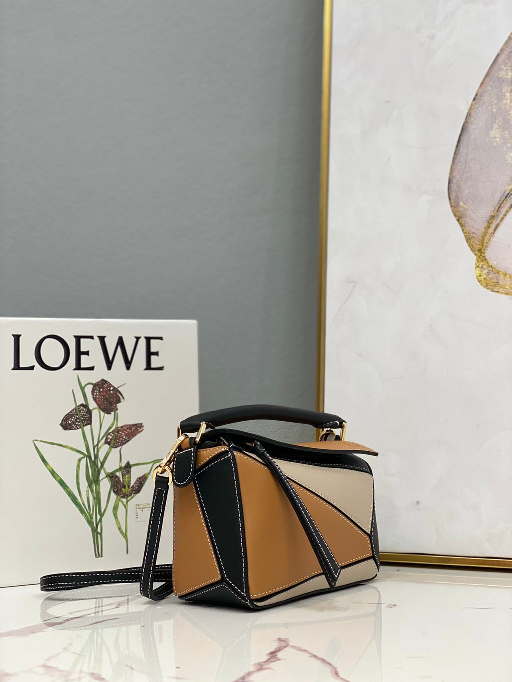 Loewe Mini 18 Puzzle Bag in Brown Mix Beige and Black Calfskin